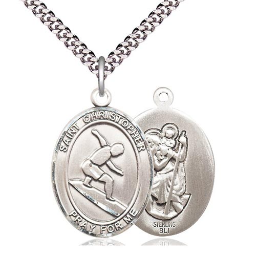 Sterling Silver 1in Oval St Christopher Surfer Medal & 24in Chain