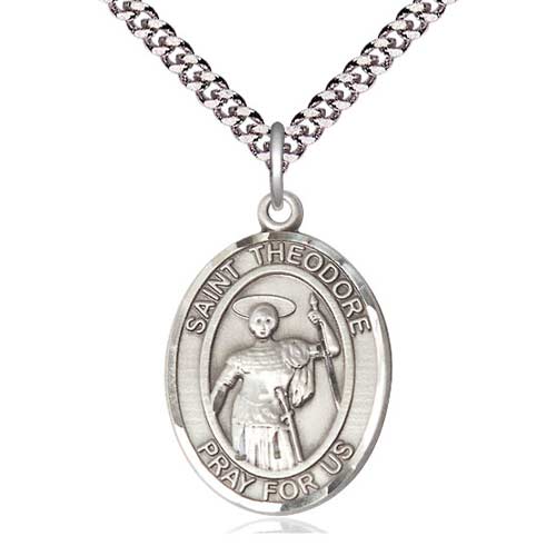 Sterling Silver 1in Oval St Theodore Medal & 24in Chain