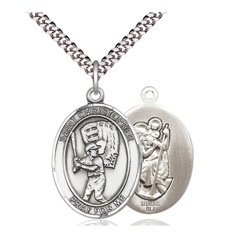 Sterling Silver 1in St Christopher Baseball Medal & 24in Chain