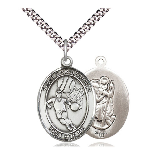 Sterling Silver 1in St Christopher Basketball Medal & 24in Chain