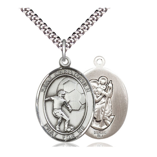 Sterling Silver 1in St Christopher Soccer Medal & 24in Chain