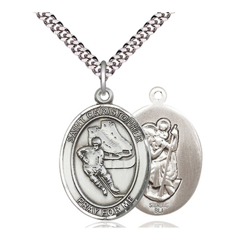 Sterling Silver 1in St Christopher Hockey Medal & 24in Chain