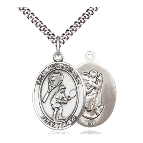Sterling Silver 1in St Christopher Tennis Medal & 24in Chain