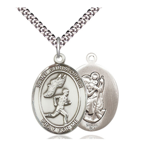 Sterling Silver 1in St Christopher Boys Track and Field Medal & 24in Chain