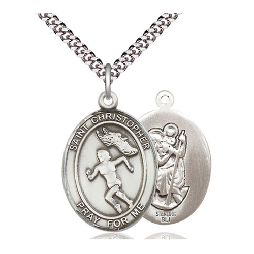 Sterling Silver 1in St Christopher Girls Track and Field Medal & 24in Chain