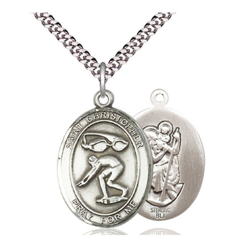 Sterling Silver 1in St Christopher Swimming Medal & 24in Chain