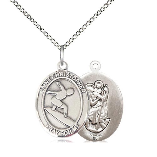 Sterling Silver Ladies' St Christopher Surfer Medal & 18in Chain