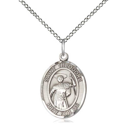 Sterling Silver 3/4in St Theodore Medal & 18in Chain