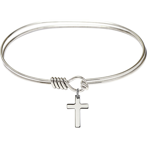 Rhodium-plated Brass Eye Hook Bangle Bracelet With Sterling Silver Cross Charm 7in