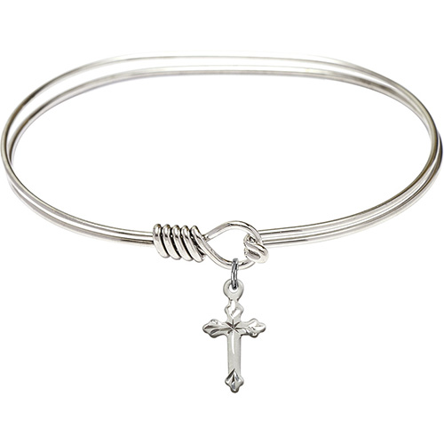 Rhodium-plated Brass Eye Hook Bangle Bracelet With Sterling Silver Budded Cross Charm 7in