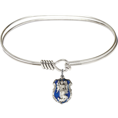 Rhodium-plated Brass Eye Hook Bangle Bracelet With Sterling Silver St Michael Shield Charm 7in
