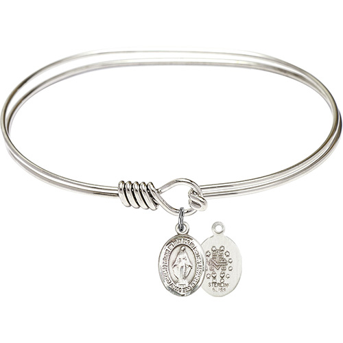 Rhodium-plated Brass Eye Hook Bangle Bracelet With Sterling Silver Miraculous Medal Charm 7in