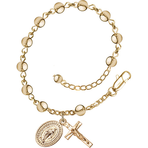 Gold-plated Brass Miraculous Medal Rosary Bracelet With 5mm Beads 7in