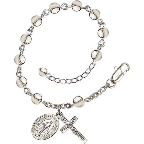 Silver-plated Brass Miraculous Medal Rosary Bracelet With 5mm Beads 7in
