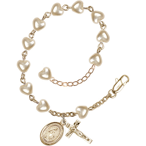 Gold-plated Brass Miraculous Medal Rosary Bracelet With Faux Pearl Hearts