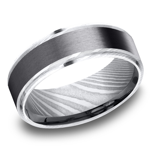 Damascus Steel 8mm Wedding Band with Black Titanium Inlay
