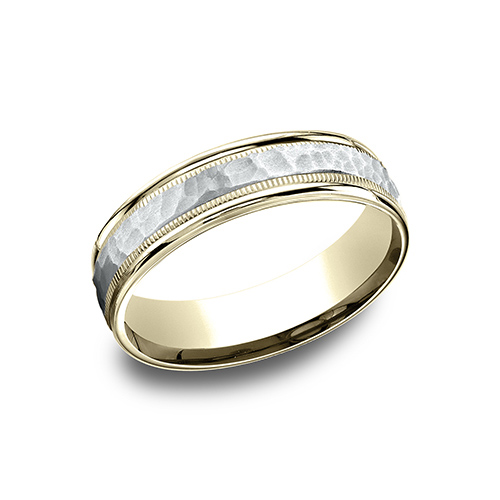 14kt Two Tone Gold 6mm Hammered Wedding Band with Milgrain