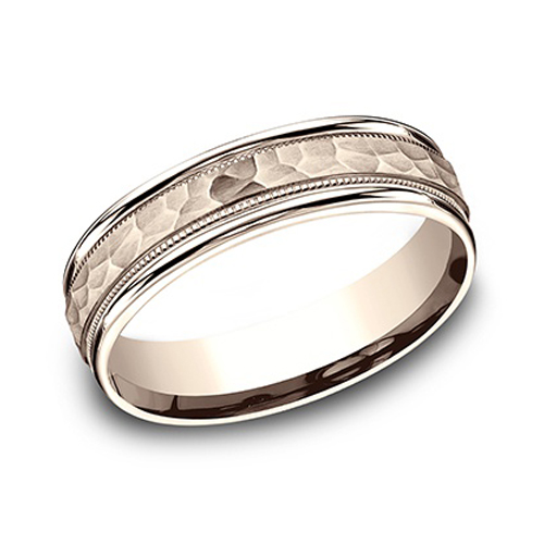14k Rose Gold 6mm Hammered Wedding Band with Milgrain