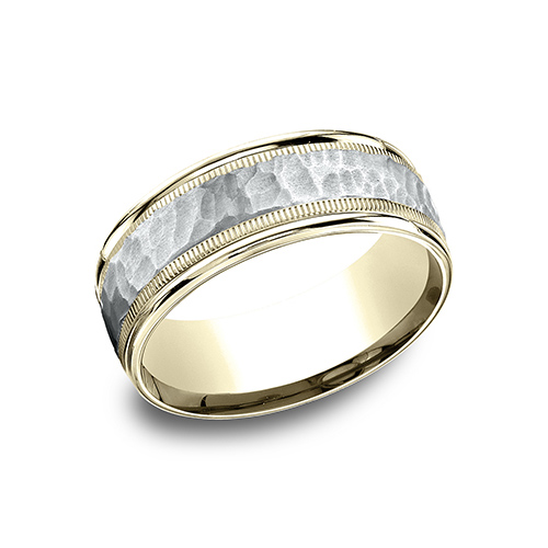 14kt Two Tone Gold 8mm Hammered Band with Milgrain