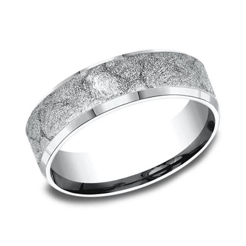 14kt White Gold Plaster Texture Wedding Band with Beveled Edges 7mm