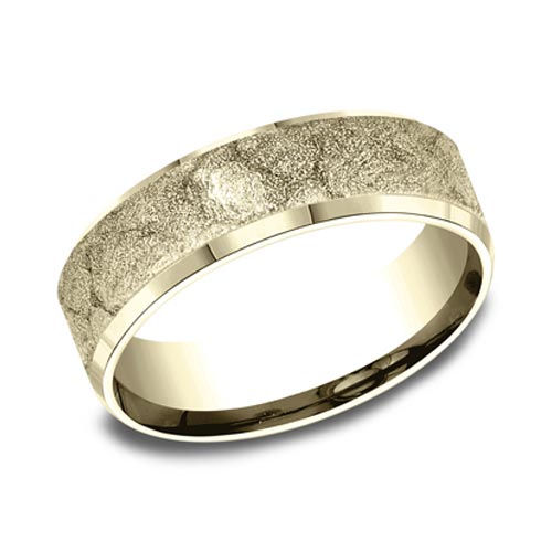 14kt Yellow Gold Plaster Texture Wedding Band with Beveled Edges 7mm