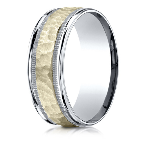14kt Two Tone Gold Hammered Band with Milgrain Edges 8mm