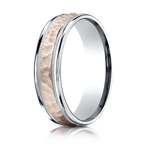 6mm 14kt White and Rose Gold Hammered Wedding Band