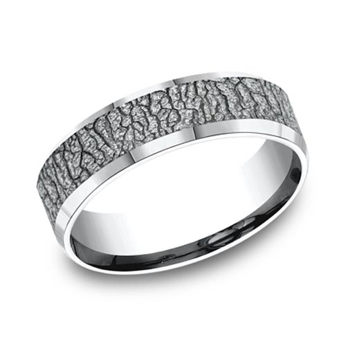 14kt White Gold Bark Texture Wedding Band with Beveled Edges 6mm