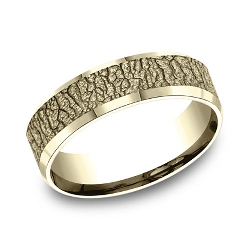 14kt Yellow Gold Bark Texture Wedding Band with Beveled Edges 6mm