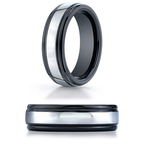 Tungsten and Black Ceramic Wedding Band with Step Down Edges 7mm