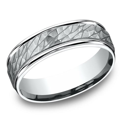 14kt White Gold Hammered Pebble Wedding Band with Rounded Edges 6.5mm