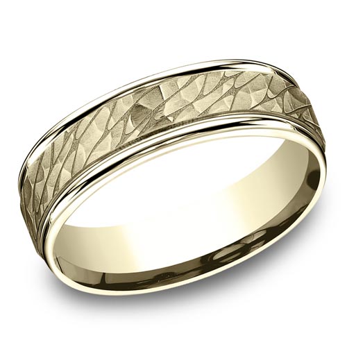 14kt Yellow Gold Hammered Pebble Wedding Band with Rounded Edges 6.5mm