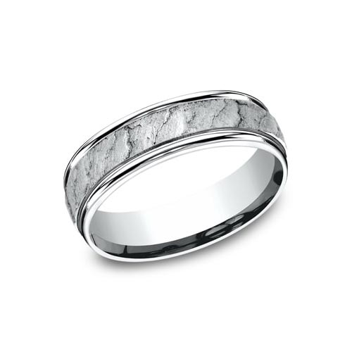 Platinum Lava Rock Texture Wedding Band with Rounded Edges 6.5mm