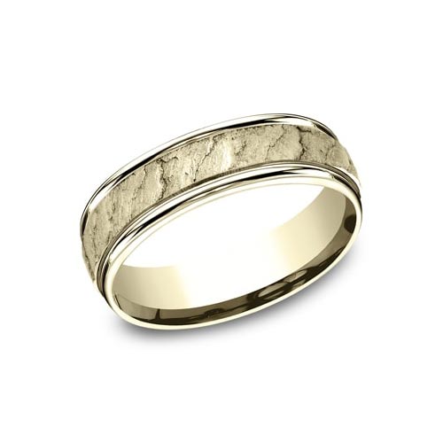 14kt Yellow Gold Lava Rock Texture Wedding Band Rounded Edges 6.5mm