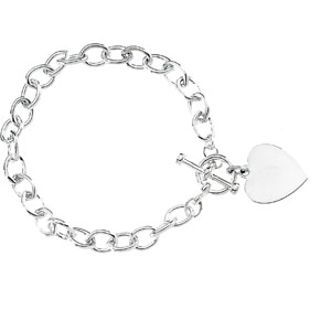 Sterling Silver 8in Cable Bracelet with Toggle Clasp & Heart Charm