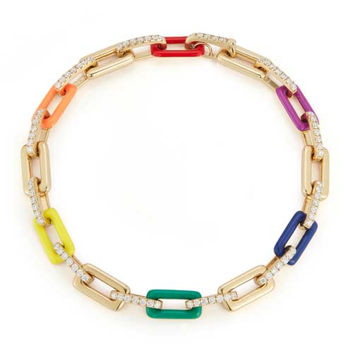  14K Yellow Gold .84 ct tw Diamond Rainbow Enamel Link Bracelet