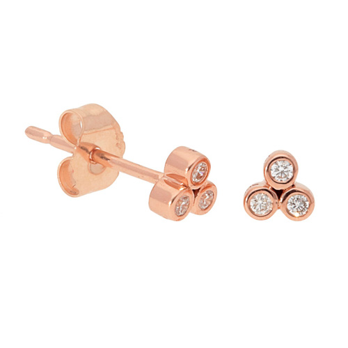 14k Rose Gold .08 ct tw Three Diamond Bezel Cluster Post Earrings