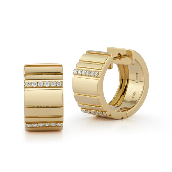 14k Yellow Gold .18 ct tw Two Row Diamond Huggie Hoop Earrings