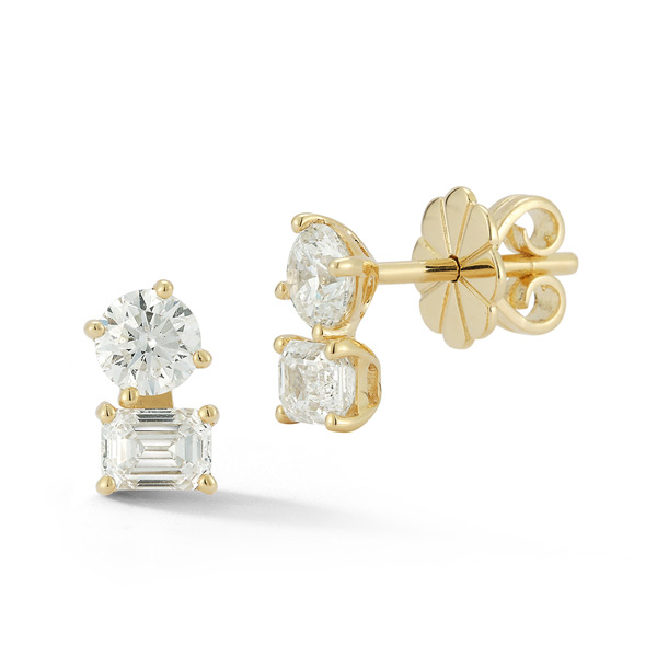 14k Yellow Gold .60 ct tw Two-Stone Emerald and Round Cut Diamond Stud Earrings