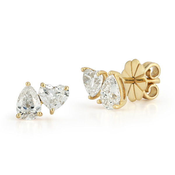 14k Yellow Gold 1.25 ct tw Two-Stone Heart and Pear Cut Diamond Stud Earrings