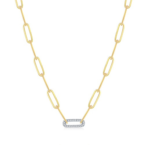 14k Two-tone Gold Paper Clip Necklace with One Diamond Link