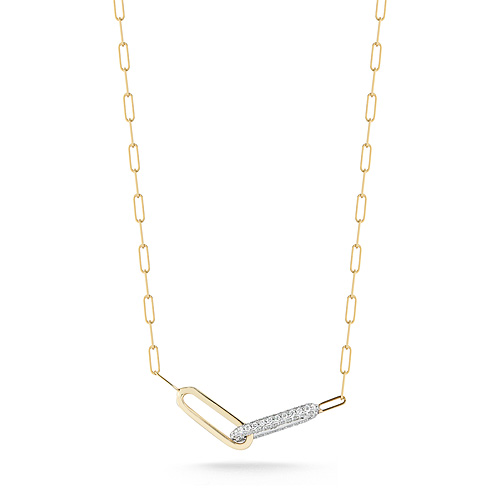 14k Two-tone Gold Slender Paper Clip Necklace with Larger Paper Clip Diamond Link