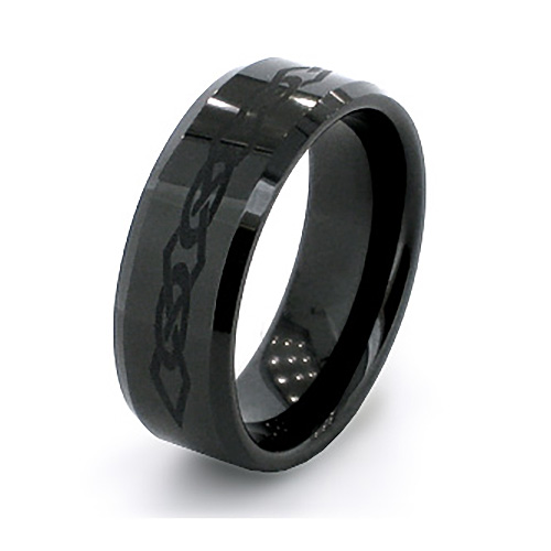 8mm Flat Black Ceramic Beveled Edge Ring 3 Diamond Design