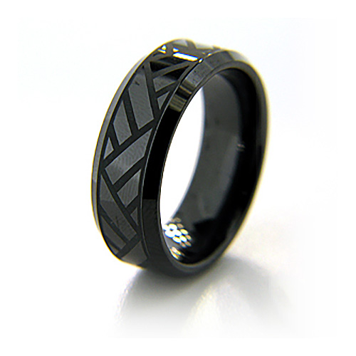 Black Ceramic Ring Volley Design with Beveled Edges 8mm