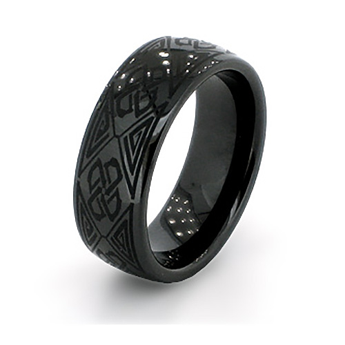 8mm Domed Black Ceramic Ring with Pattern Design