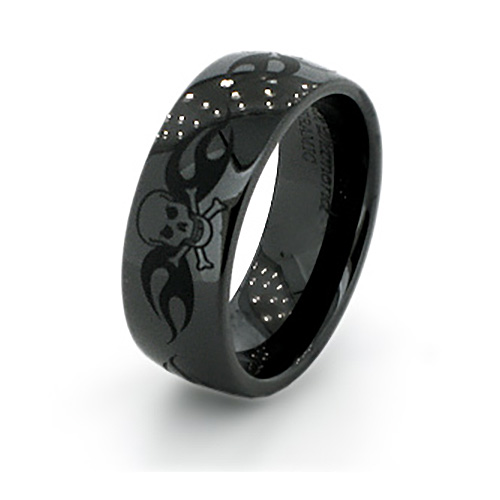 Black Ceramic 8mm Domed Ring with Skull Design