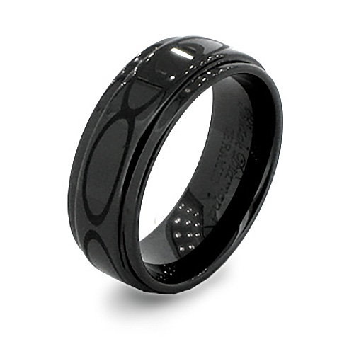 Black Ceramic 8mm Oval Design Ring with Flat Grooved Edges
