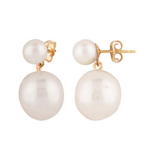 14k Yellow Gold Round and Baroque Freshwater Cultured Pearl Duo Drop Earrings