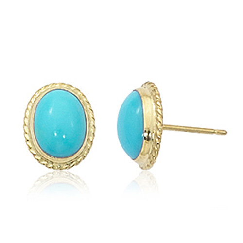 14k Yellow Gold Turquoise Bezel Set Stud Earrings with Gallery Design