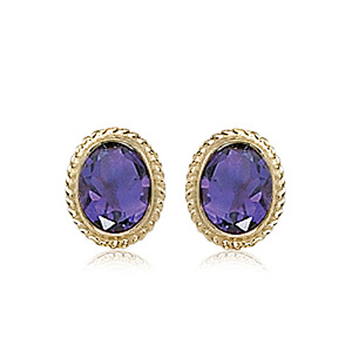 14k Yellow Gold Amethyst Bezel Set Stud Earrings with Gallery Design